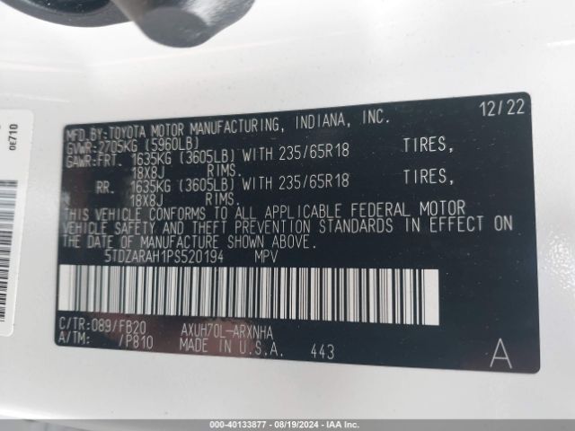 5TDZARAH1PS520194 Toyota Highlander Hybrid Le