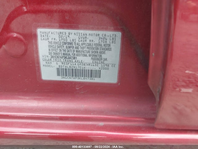 Nissan Versa 1.6 Sv 2019 3N1CN7AP3KL847381 Image 9