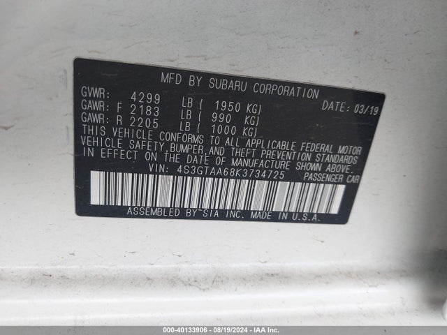 Subaru Impreza 2.0i 2019 4S3GTAA68K3734725 Image 9