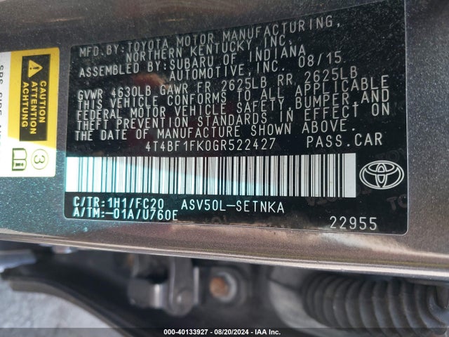 Toyota CAMRY LE 2016 4T4BF1FK0GR522427 Image 9