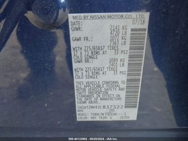 5N1AT2MV4JC837522 Nissan ROGUE SV