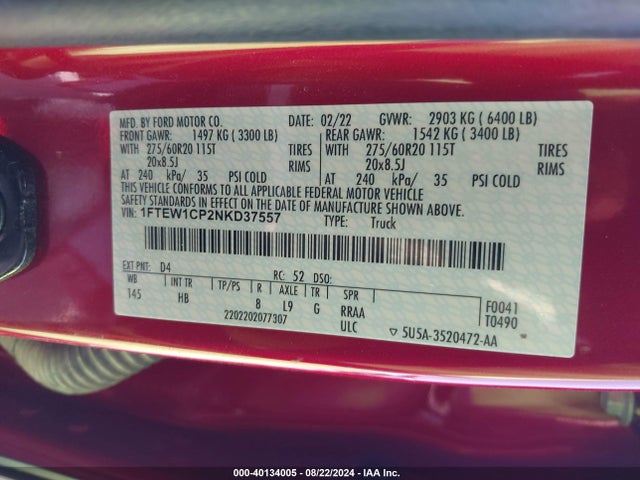 Ford F-150 Lariat 2022 1FTEW1CP2NKD37557 Image 9