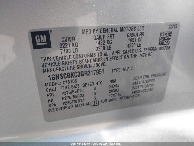1GNSCBKC3GR317951 Chevrolet Tahoe Lt