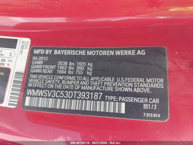 2013 MINI HARDTOP WMWSV3C53DT393187 Photo 8