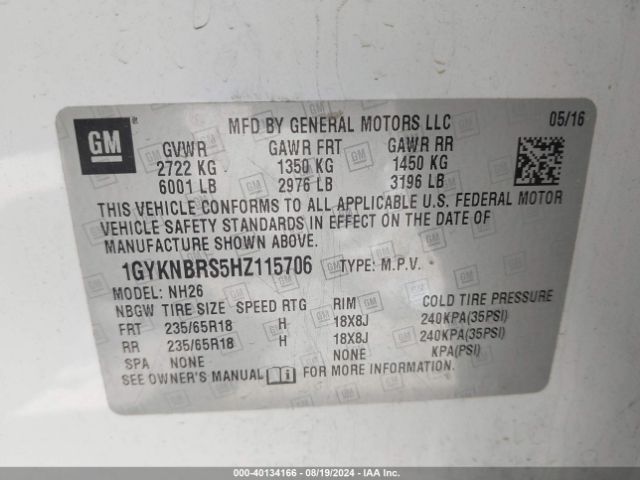 1GYKNBRS5HZ115706 Cadillac XT5 LUXURY