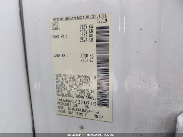 Nissan Maxima Sl Xtronic Cvt 2020 1N4AA6DV0LC370710 Image 9