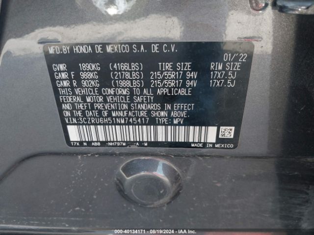 3CZRU6H51NM745417 Honda Hr-v Awd Ex