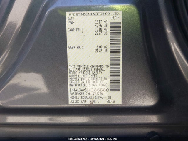 Nissan Altima 2.5 S 2016 1N4AL3AP5GN386880 Image 9