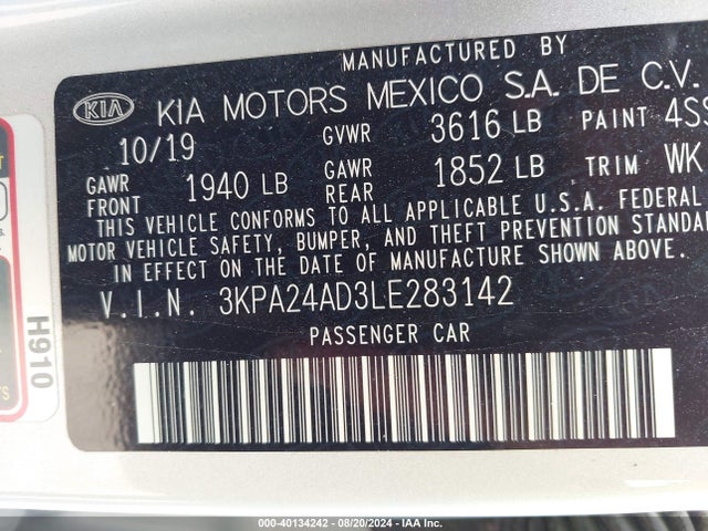 KIA RIO LX 2020 3KPA24AD3LE283142 Image 9