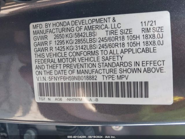 5FNYF6H59NB018882 Honda Pilot Awd Ex-l