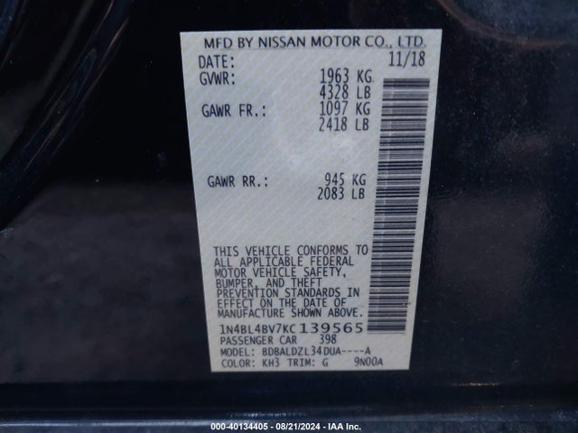 Nissan Altima 2.5 S 2019 1N4BL4BV7KC139565 Image 9