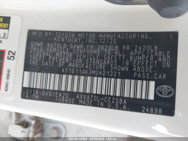 4T1G11AK3MU421321 Toyota CAMRY SE