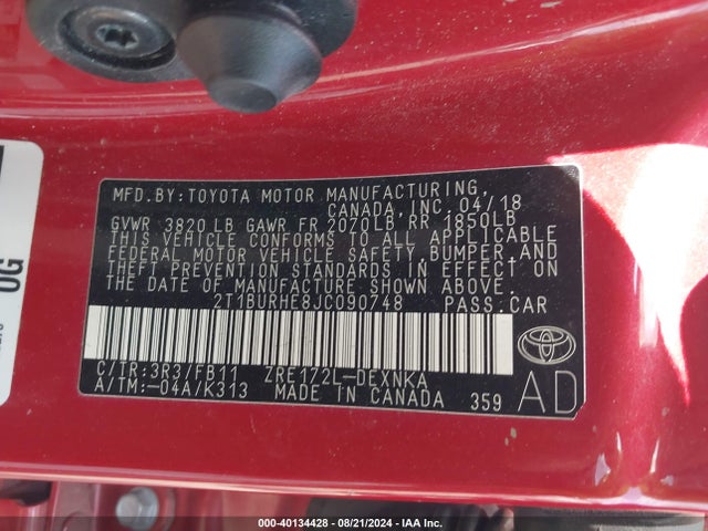 Toyota COROLLA LE 2018 2T1BURHE8JC090748 Image 9