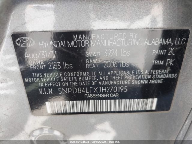 5NPD84LFXJH270195 Hyundai ELANTRA SEL
