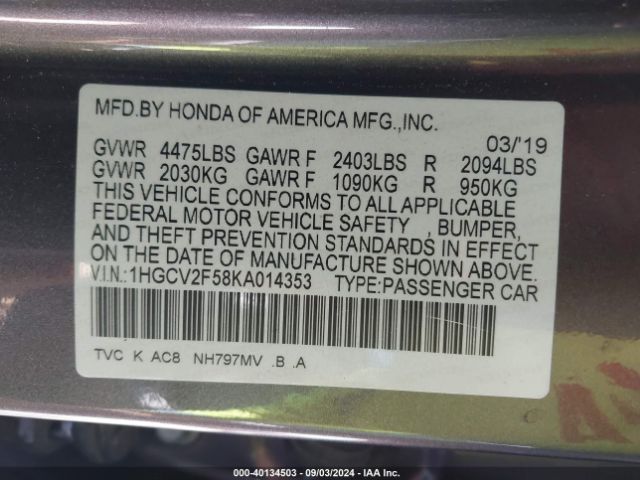 1HGCV2F58KA014353 Honda Accord Ex-l 2.0t