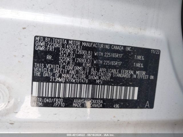 2T3MWRFV7RW191478 Toyota Rav4 Hybrid Le