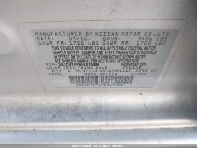 3N1CN7AP6HL815906 Nissan Versa 1.6 S/1.6 S+/1.6 Sl/1.6 Sv