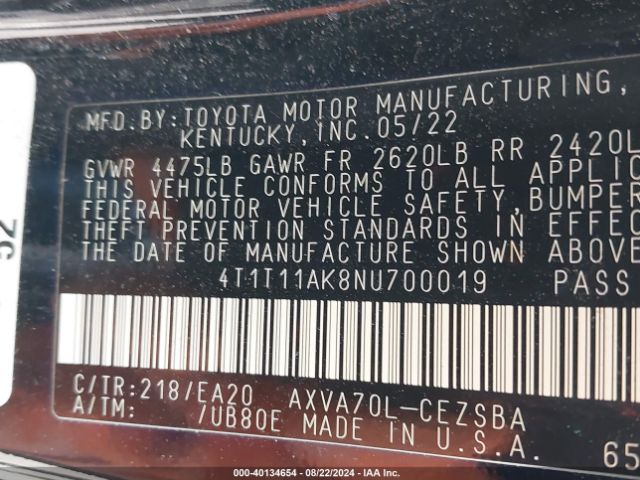 4T1T11AK8NU700019 Toyota CAMRY SE