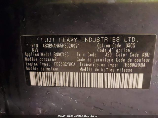 4S3BNAN65H3026021 Subaru Legacy 2.5i Limited