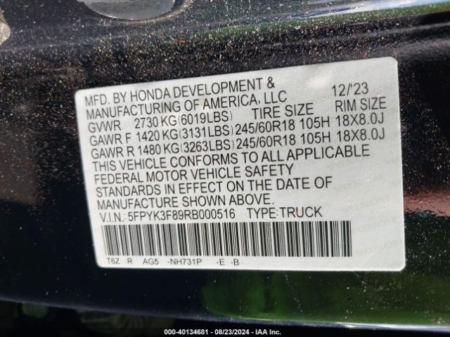 5FPYK3F89RB000516 Honda Ridgeline Black Edition