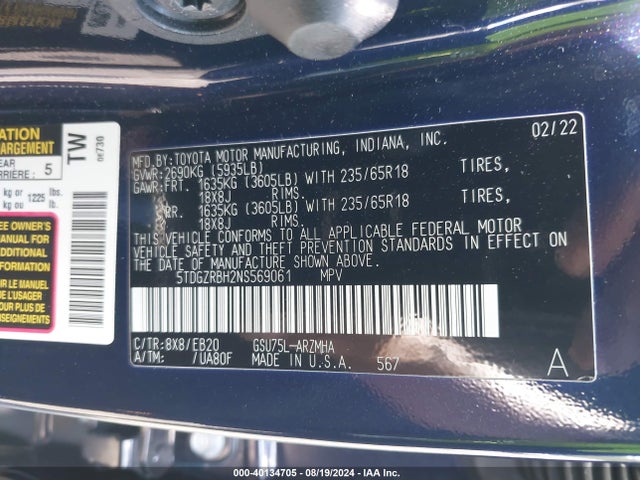 Toyota Highlander Xle 2022 5TDGZRBH2NS569061 Image 9