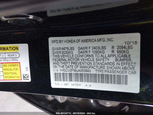 1HGCV2F99JA053843 Honda Accord Touring 2.0t