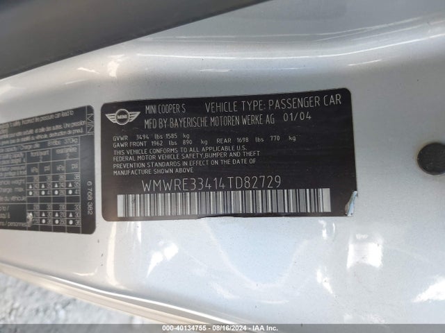 2004 MINI COOPER S WMWRE33414TD82729 Photo 8