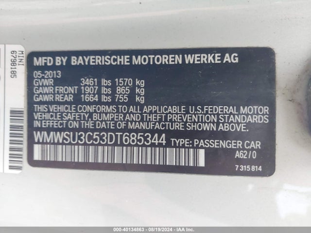 2013 MINI HARDTOP WMWSU3C53DT685344 Photo 8