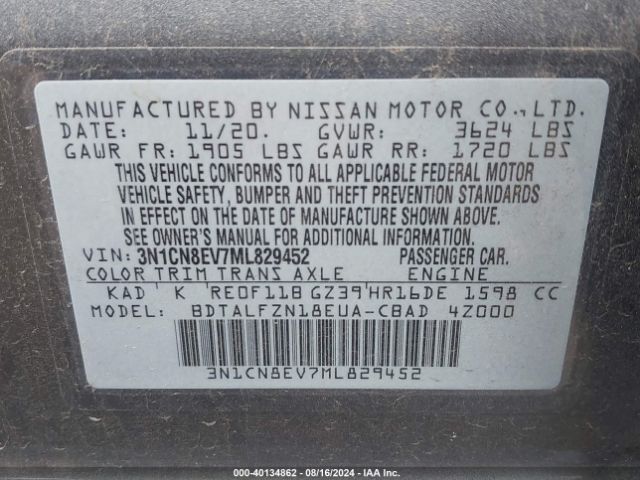 3N1CN8EV7ML829452 Nissan Versa Sv Xtronic Cvt