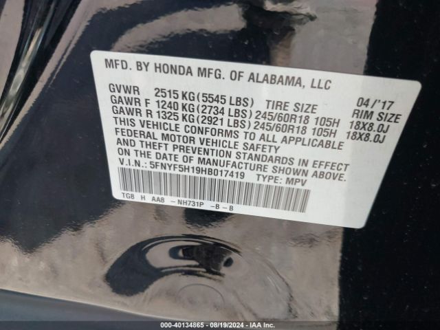 5FNYF5H19HB017419 Honda PILOT LX