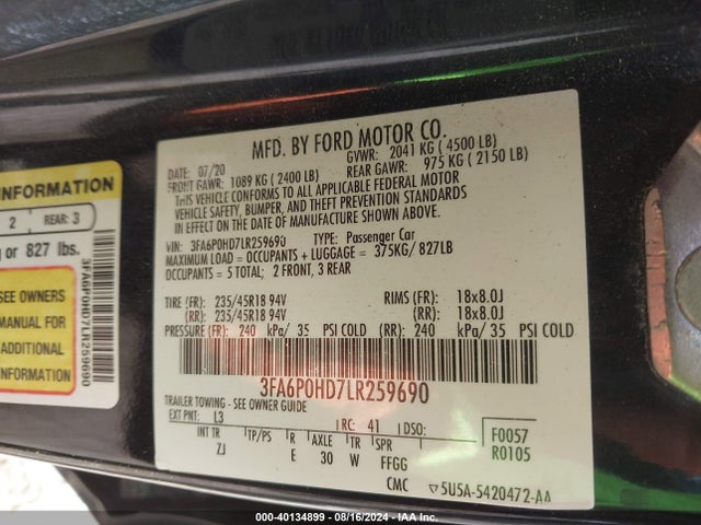 Ford FUSION SE 2020 3FA6P0HD7LR259690 Image 9