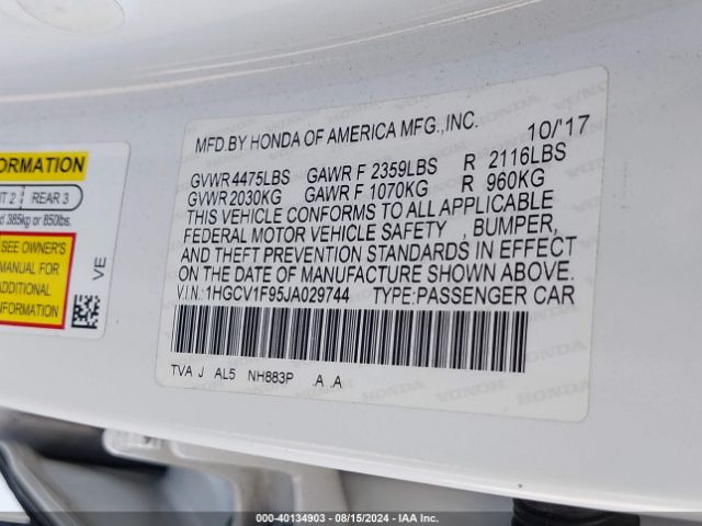 1HGCV1F95JA029744 Honda Accord Touring