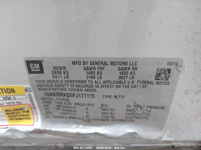 GMC Acadia Slt-1 2015 1GKKRRKD8FJ177115 Image 9