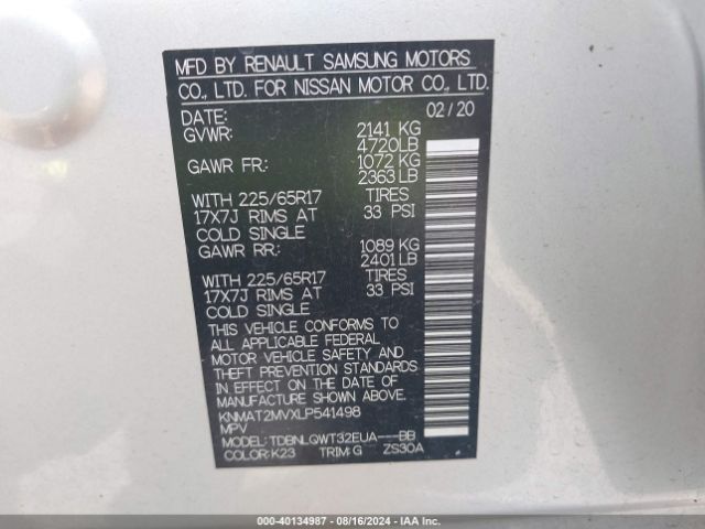 KNMAT2MVXLP541498 Nissan Rogue Sv Intelligent Awd