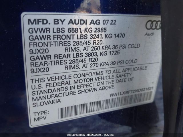 WA1LXBF72ND021631 Audi Q7 Premium Plus 55 Tfsi Quattro Tiptronic