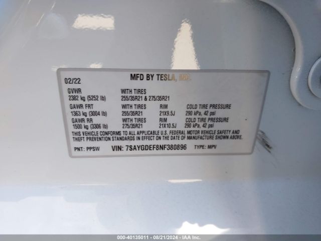 7SAYGDEF8NF380896 Tesla Model Y Performance Dual Motor All-wheel Drive