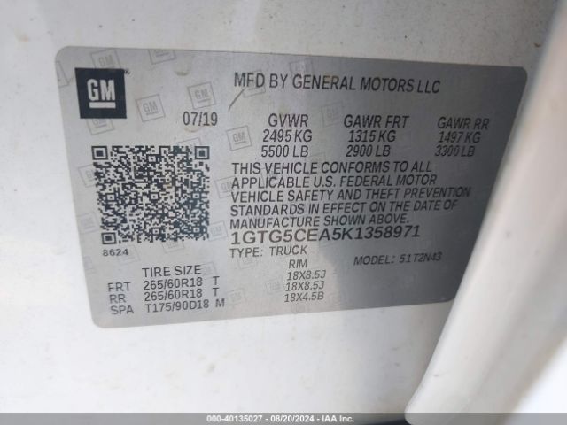 1GTG5CEA5K1358971 GMC CANYON SLE