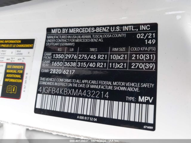 4JGFB4KBXMA432214 Mercedes-Benz Gle 350 4matic