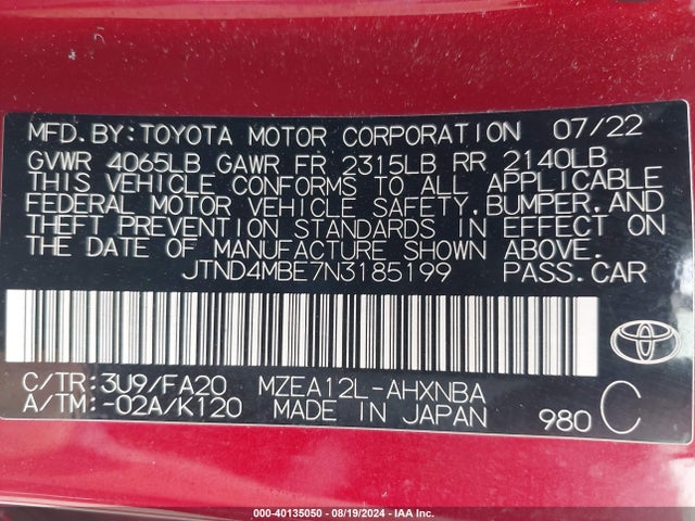 Toyota COROLLA SE 2022 JTND4MBE7N3185199 Image 9