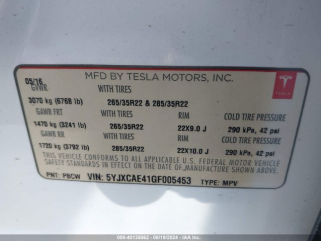 5YJXCAE41GF005453 Tesla Model X 60d/p100d/p90d