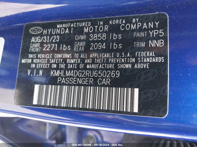 Продажа на аукционе авто 2024 Hyundai Elantra Sel, vin: KMHLM4DG2RU650269, номер лота: 40135066