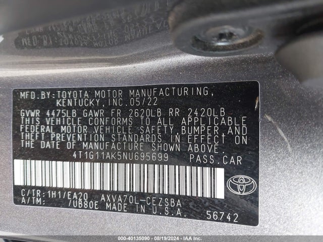 4T1G11AK5NU695699 Toyota CAMRY SE