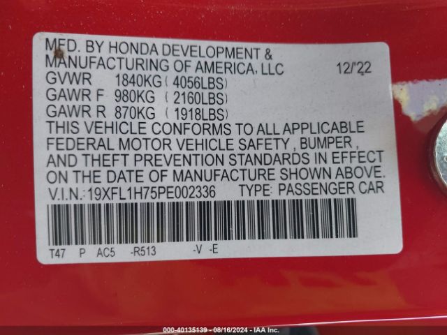 19XFL1H75PE002336 Honda Civic Ex-l /ex-l W/o Bsi