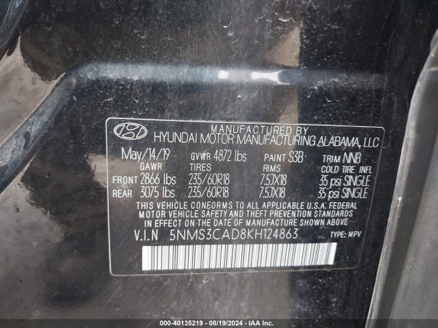 5NMS3CAD8KH124863 Hyundai Santa Fe Sel Plus