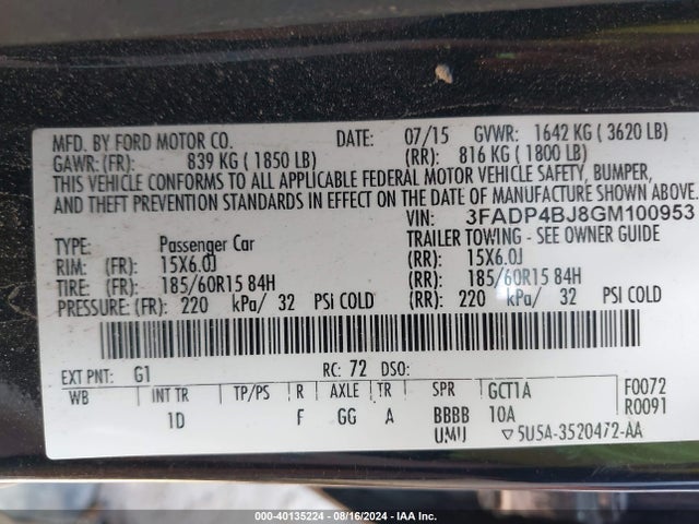 Ford FIESTA SE 2016 3FADP4BJ8GM100953 Image 9