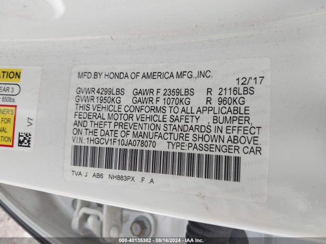 Honda ACCORD LX 2018 1HGCV1F10JA078070 Image 9