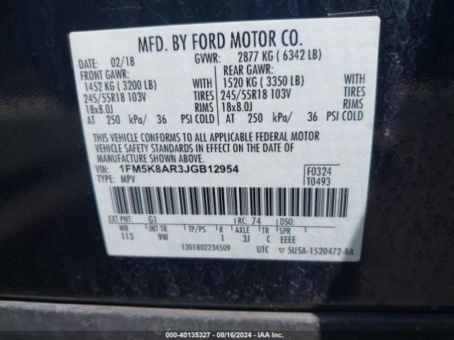 1FM5K8AR3JGB12954 Ford Police Interceptor Utility