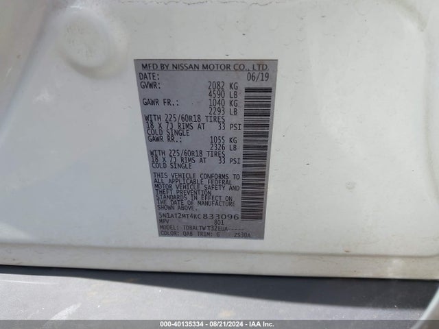 Nissan ROGUE SV 2019 5N1AT2MT4KC833096 Image 9