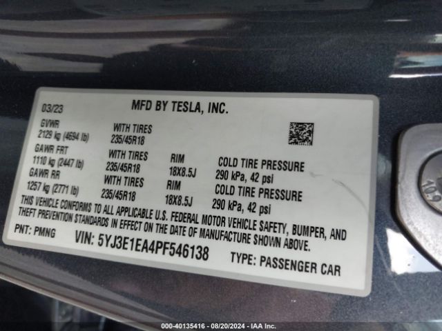 5YJ3E1EA4PF546138 Tesla Model 3 Rear-wheel Drive