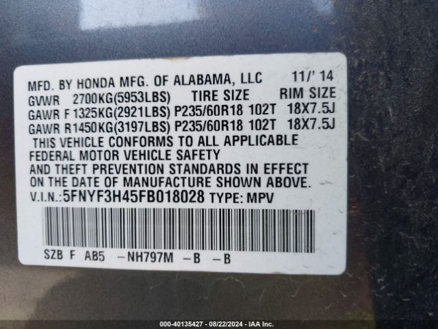 5FNYF3H45FB018028 Honda Pilot Ex